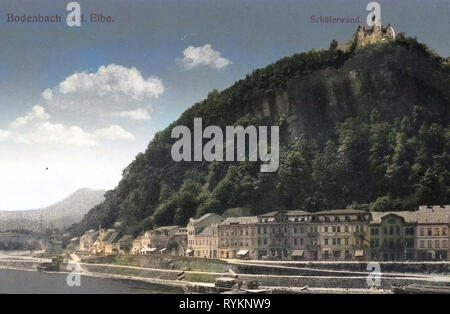 Pastýřská stěna, Gebäude in Děčín, Elbe in Děčín, 1912, Aussig, Bodenbach, Schäferwand, Tschechische Republik Stockfoto