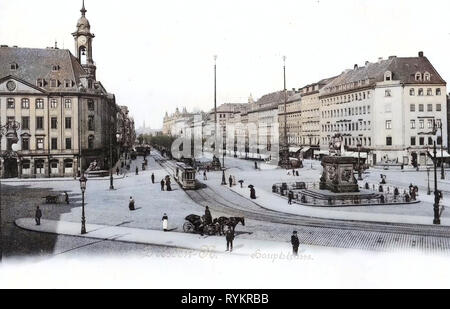 Pferdekutschen in Deutschland, Straßenbahnen in Dresden Goldener Reiter, Neustädter Rathaus (Dresden), 1901, Dresden, Dresden N., Hauptstraße Stockfoto