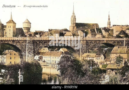 Historische Bilder der Friedensbrücke (Bautzen), Spree in Bautzen historische Bilder von Alte Wasserkunst, 1913, Landkreis Bautzen, Bautzen, Kronprinzenbrücke insgesamt, Deutschland Stockfoto