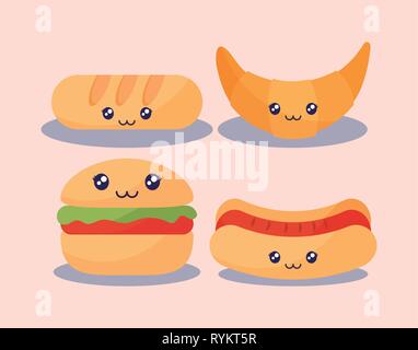 Set von köstlichen Hamburger und Fast Food Kawaii Charakter Vektor Illustrationsdesign Stock Vektor