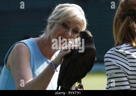 CAROL KIRKWOOD, Rufus, den WIMBLEDON HAWK TAUBEN SCARER, die Wimbledon Championships 2017, die Wimbledon Championships 2017, 2017 Stockfoto