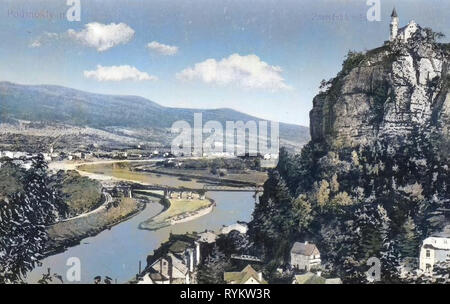 Pastýřská stěna, Gebäude in Děčín, Elbe in Děčín, Brücken in Děčín, 1921, Aussig, Bodenbach, Schäferwand, Tschechische Republik Stockfoto