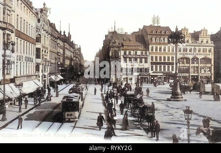 Pferde von Sachsen, Pferdekutschen in Deutschland, Straßenbahnen in Dresden, Altmarkt, Dresden vor 1945, Cafés in Dresden, Straßenbahnen mit flotte Nummer 26, 1902, Dresden, Altmarkt und König, Johann, Straße, Straßenbahn, Pferdedroschke Stockfoto