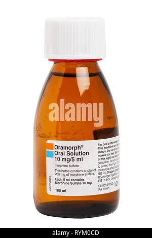 Eine Flasche Oramorph orale Lösung Morphium Sulfat auf weißem Hintergrund Stockfoto