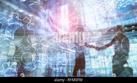Doppelt belichtete Gänge Mechanismus auf verschwommenen Hintergrund. Geschäftliche und industrielle Prozessautomatisierung Konzept. Stockfoto