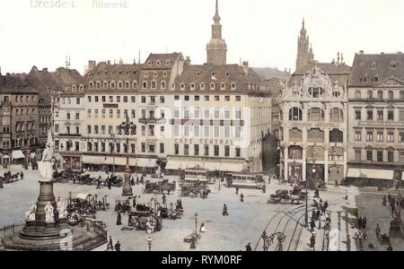 Altmarkt, Dresden vor 1945, Germaniadenkmal in Dresden, Cafés in Dresden, Straßenbahnen in Dresden, Pferdekutschen in Deutschland, Außen an der Hofkirche (Dresden), 1906, Dresden Stockfoto