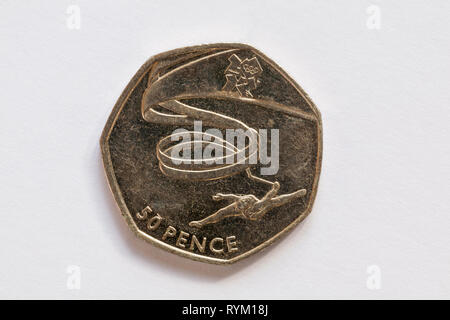 50p Münze 50 fünfzig Pence Münze isoliert auf weißem Hintergrund - Gymnastik London 2012 Olympische Spiele ausgegeben 2011 Stockfoto