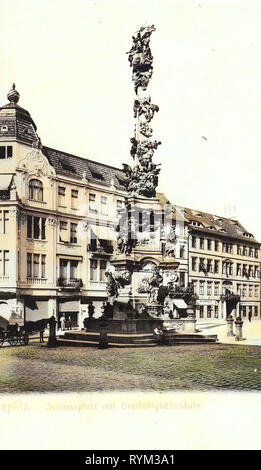 Gebäude in Teplice, Dreifaltigkeitssäule in Teplice, Pferde, der Tschechischen Republik, Kutschen in Teplice, 1906, Aussig, Teplitz, Schloßplatz mit Dreifaltigkeitssäule Stockfoto