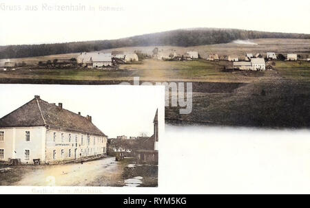 Multiview Postkarten, Pohraniční (Hora Svatého Šebestiána), 1903, Aussig, Reitzenhain, Dorf und Gasthof zum Malzhaus, Tschechische Republik Stockfoto