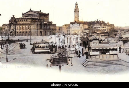 Semperoper, Straßenbahnen in Dresden, Dampfschiffe in Deutschland, Historische Bilder der Augustusbrücke, Theaterplatz, Dresden, ehemaliges Heizkraftwerk Dresden, Altstadt, 1903, Theaterplatz mit Semperoper und Bahnlinie Stockfoto