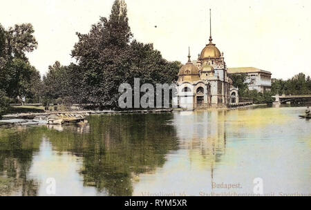 Skating Hall, Székely See, 1903, Budapest, Stadtwäldchenteich mit Sporthaus, Ungarn Stockfoto