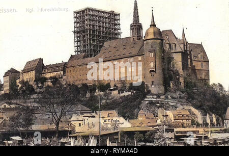 Albrechtsburg und Meißner Dom, Gerüstbau in Sachsen, 1905, Meißen, Eingerüsteten Burgberg mit Dom, Burg und Bischofsschloß, Deutschland Stockfoto