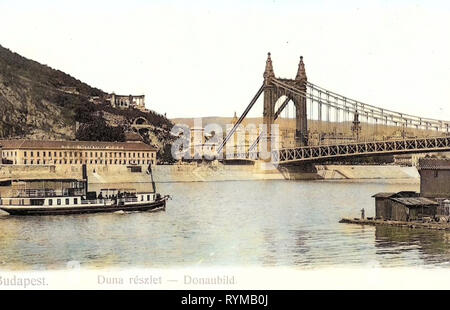 Dampfschiffe von Ungarn, Historische Bilder der Elisabeth Brücke, Budapest, 1905, Donaubrücke mit Dampfschiff Stockfoto