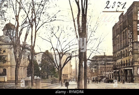 Pioneer Courthouse, Southwest 5th Avenue, Gebäude in Portland, Oregon, Pferdekutschen in den Vereinigten Staaten, Pferde von Oregon, 1906, Portland, Erz, Fifth Street und Post Stockfoto