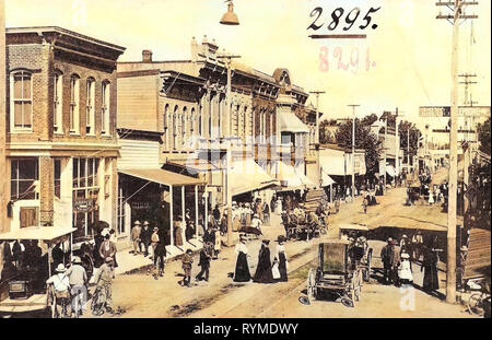 Gebäude in Albany, Georgia, Schienen in den Vereinigten Staaten, Pferde von Oregon, Pferd - Kutschen in den Vereinigten Staaten, Fahrräder in Oregon, Geschäfte in Oregon, 1906, Albany, Erz, Business Street gezogen Stockfoto