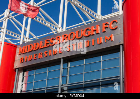 Beschriftungen für Middlesbrough Fußball Club Riverside Stadium in Middlesbrough, England, Großbritannien Stockfoto