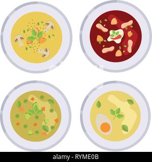 Menü Konzept. Sammlung von verschiedenen Suppen. Käse Suppe, Borschtsch, Minestrone und Brühe mit gekochtem Ei. Gesundes Essen. Suppe im flachen Stil. Vektor illus Stock Vektor