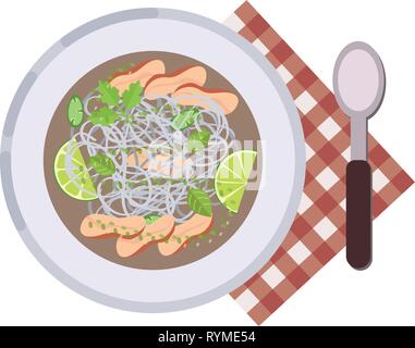 Menü Konzept. Pho vietnamesische Suppe. Gesundes Essen. Suppe im flachen Stil. Vector Illustration. Stock Vektor