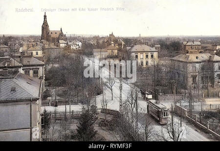 Straßen in Serkowitz, Lößnitzbahn in Radebeul, Villa Dr.-Schmincke-Allee 8 (Radebeul), Lutherkirche (Radebeul), 1907, Landkreis Meißen, Villa Ernst Berthold, Meißner Straße (Serkowitz), Radebeul, Leipziger Straße, Ecke Kaiser Friedrich Allee, Deutschland Stockfoto