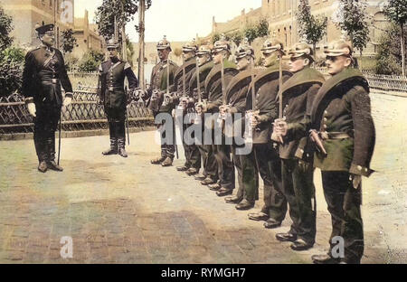 Ändern des Schutzes, der militärischen Einrichtungen in Deutschland, 8. Königlich Sächsisches Feldartillerie-Regiment Nr. 78, 1908, Landkreis Leipzig, Wurzen, Ablösung der Kasernenwache Stockfoto