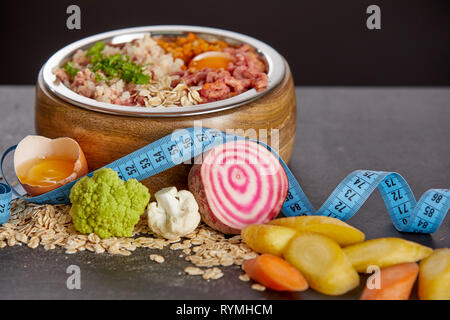 Schüssel gemischten biologisch angemessene Rohkost BARF von frischem Gemüse, Fleisch, Getreide und Eier. Konzept der alternativen Rohmehl in modifizierter Hausgemachte Stockfoto