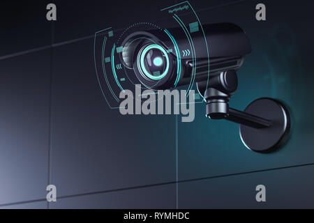 Überwachungskamera an der Wall mit futuristischen Schnittstelle um ihre Linse, wie es die Umgebung analysiert. 3D-Rendering Stockfoto