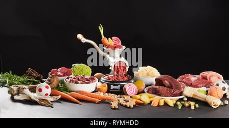 Zutaten für die Zubereitung von BARF Futter für Hunde. Fleisch mit Gemüse zerkleinern in Grinder, Knochen, frisches Rindfleisch und Grüns auf Küche Tisch gegen angeordnet Stockfoto