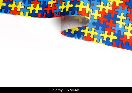 World Autism Bewußtsein und stolz Tag mit Puzzle Muster ribbon isoliert auf weißem Stockfoto