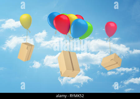3D-Rendering von Kartons mit bunten Luftballons in der Luft mit blauem Himmel und weißen Wolken auf dem Hintergrund geklebt. Digitale Kunst Objekte und Mater Stockfoto