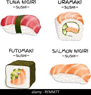 Satz von vier realistische Sushi auf weißem Hintergrund. Vector Illustration Stock Vektor