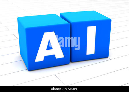 3D-gerenderte Abbildung: das Wort AI steht für Künstliche Intelligenz der Würfel. Stockfoto