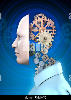 Getriebe als Metapher der inneren Funktionsweise des menschlichen Geistes. 3D-Darstellung. Stockfoto