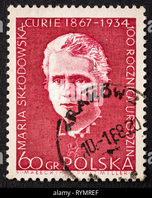 Maria Sklodowska Curie Portrait auf einen Jahrgang, Abgebrochen post Stempel aus Polen Stockfoto