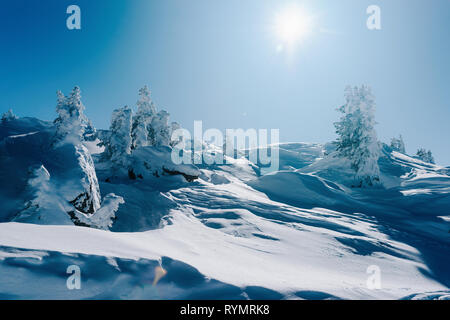 Landschaft der Zillertal Arena Skigebiet im Zillertal in Tirol. Mayrhofen in Österreich im Winter in den Alpen. Alpine Berge mit Schnee. Downhill Spaß. Blau Stockfoto