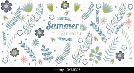 Sommer Blumen banner Muster mit Rahmen kopieren Platz Blumen und Zweige in Pastellfarben. Vector Illustration Stock Vektor