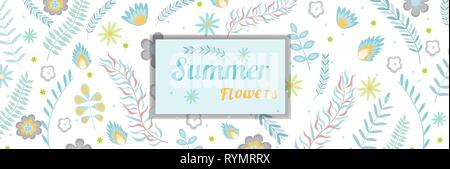 Sommer Blumen banner Muster mit Rahmen kopieren Platz Blumen und Zweige in Pastellfarben. Vector Illustration Stock Vektor