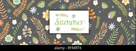 Sommer Blumen banner Muster mit Rahmen kopieren Platz Blumen und Zweige in Pastellfarben. Vector Illustration Stock Vektor
