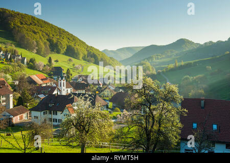 Frühling Morgen in Wisen Dorf, Kanton Solothurn, Schweiz. Stockfoto