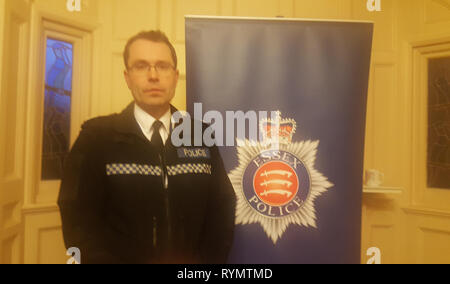 Essex Polizei Assistant Chief Constable Andy Prophet an Polizei HQ in Chelmsford, in dem er über die Verurteilung von Detective Polizisten Lee Pollard und Sharon Patterson, die schuldig der Sabotage Kindesmissbrauch Untersuchungen gefunden wurden, sprach. Stockfoto