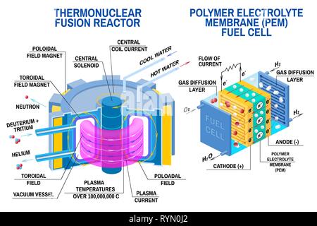 Brennstoffzelle und Thermonuklearen Fusionsreaktor Diagramm. Vektor. Geräte, die Energie aus Kernfusion von Wasserstoff zu Helium und wandelt chemische Energie in elektrische Energie Stock Vektor