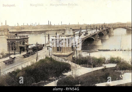 Margaret Brücke vor dem Wiederaufbau im Jahr 2009, Straßenbahnen in Budapest, 1904, Budapest, Margarethenbrücke mit Straßenbahn und Fuhrwerken, Ungarn Stockfoto