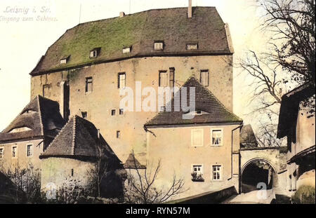 Burg Mildenstein, 1904, Landkreis Mittelsachsen, Leisnig, Eingang zum Schloß, Deutschland Stockfoto