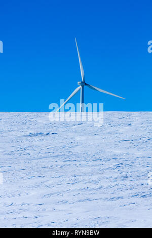 Wind Turbine dreht sich gegen den blauen Himmel mit einem schneebedeckten Feld im Vordergrund auf einem kalten, hellen, sonnigen Wintertag in ländlichen Alberta, Kanada Stockfoto