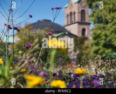 St. Stephen's Church in Karlsruhe mit Wiese und gelbe Blumen im Vordergrund Stockfoto