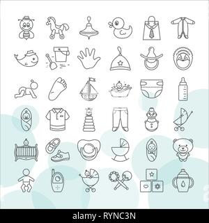 Set von baby Spielzeug und Kleidung Icon Set auf einem weißen Hintergrund. Symbol im flachen Stil Zeichnung eingestellt werden. Verschiedene Kinder Spielzeug. Logo Baby Shop. Stock Vektor