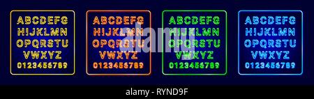 Neon Alphabet: gelb, orange, grün, blau. Set aus bunten Schriften. Großbuchstaben. Vector Illustration Stock Vektor
