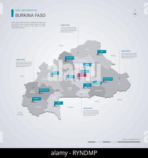 Burkina Faso Vektorkarte mit infografik Elemente, Zeiger markiert. Editierbare Vorlage mit den Regionen, Städten und der Hauptstadt Ouagadougou. Stock Vektor