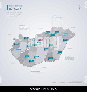 Ungarn Vektorkarte mit infografik Elemente, Zeiger markiert. Editierbare Vorlage mit den Regionen, Städten und der Hauptstadt Budapest. Stock Vektor