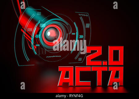 Feindliche CCTV hält Auge auf ACTA 2.0 unterzeichnen. Vereinigte Europa Parlament die Verordnung, dass Internet wir Konzept Wissen ändern können. 3D-Rendering Stockfoto