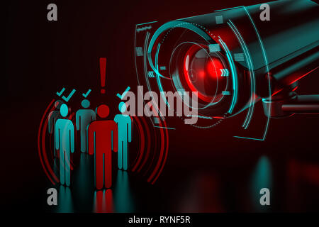 Riesige kamera Kontrollkästchen Gruppe von Menschen als Metapher der KI (künstliche Intelligenz) Überwachungssystem, die Kontrolle über die Welt, die wir anhand von quantitativen Simulatio wissen Stockfoto